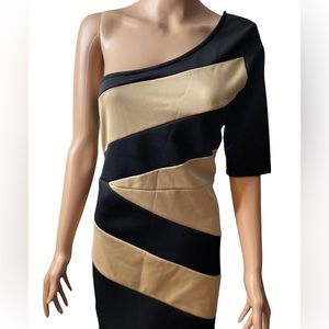 Mon Amie - Black & Tan One-Shoulder Cocktail Dress, Size: X-Large